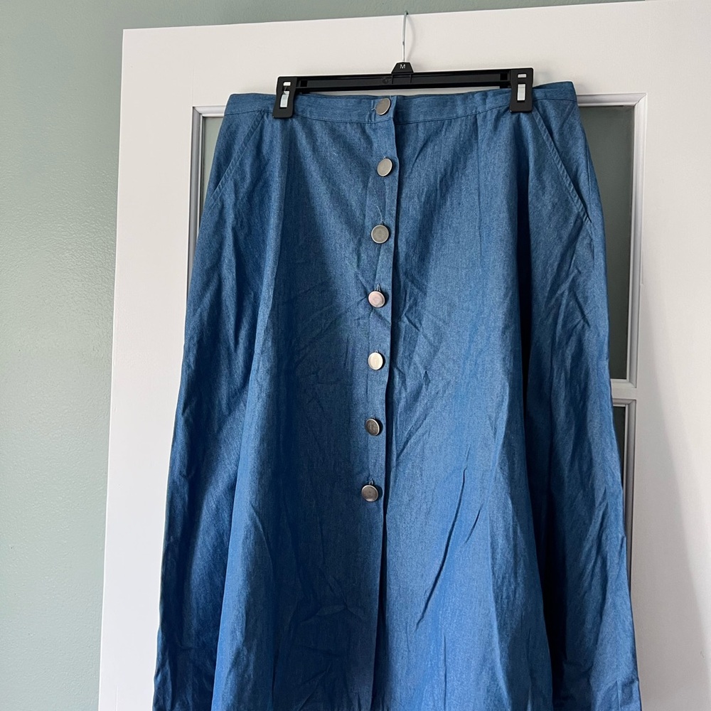New NY Collection Blue Cotton A-Line Button Skirt Size L